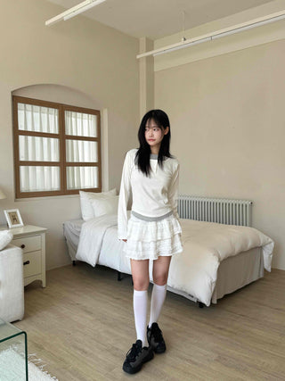 New Basic Color Block Layered U-Neck Long Sleeve T-Shirt