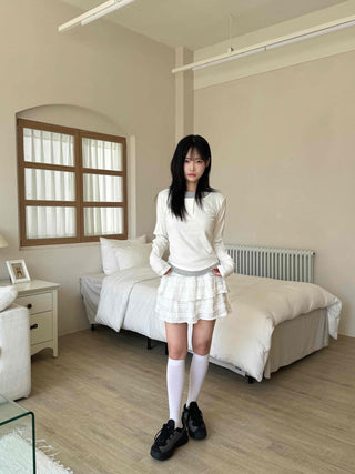 New Basic Color Block Layered U-Neck Long Sleeve T-Shirt