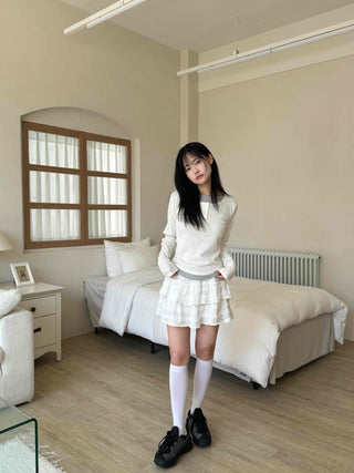 New Basic Color Block Layered U-Neck Long Sleeve T-Shirt