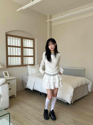 New Basic Color Block Layered U-Neck Long Sleeve T-Shirt