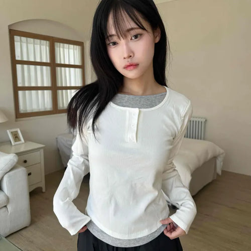 New Basic Color Block Layered U-Neck Long Sleeve T-Shirt