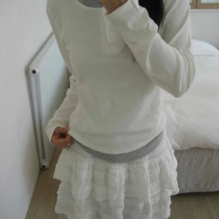 New Basic Color Block Layered U-Neck Long Sleeve T-Shirt