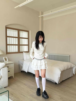 New Basic Color Block Layered U-Neck Long Sleeve T-Shirt