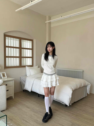 New Basic Color Block Layered U-Neck Long Sleeve T-Shirt