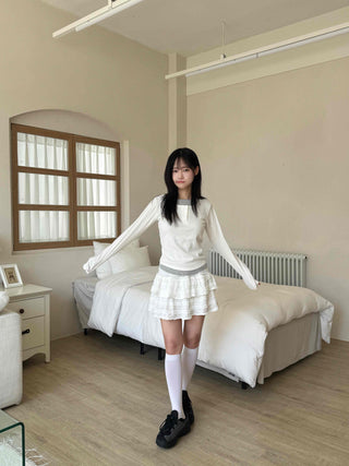 New Basic Color Block Layered U-Neck Long Sleeve T-Shirt