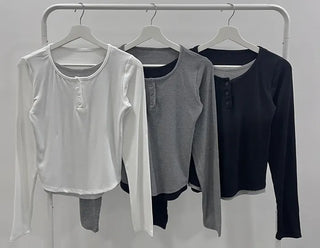 New Basic Color Block Layered U-Neck Long Sleeve T-Shirt