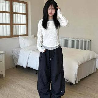New Basic Color Block Layered U-Neck Long Sleeve T-Shirt
