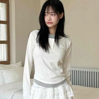 New Basic Color Block Layered U-Neck Long Sleeve T-Shirt