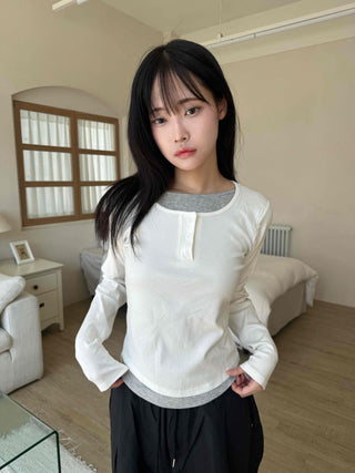 New Basic Color Block Layered U-Neck Long Sleeve T-Shirt