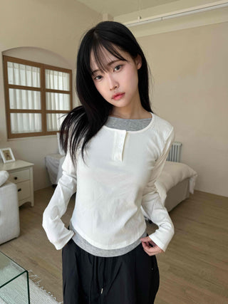 New Basic Color Block Layered U-Neck Long Sleeve T-Shirt