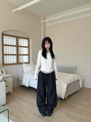 New Basic Color Block Layered U-Neck Long Sleeve T-Shirt