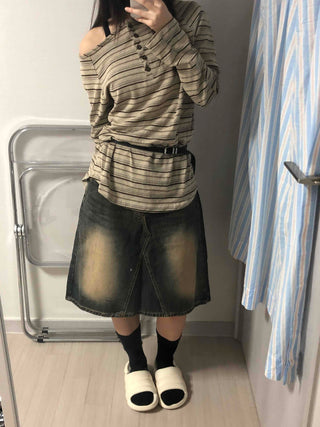 Hip-Delicate Fit Striped Long Sleeve T-shirt