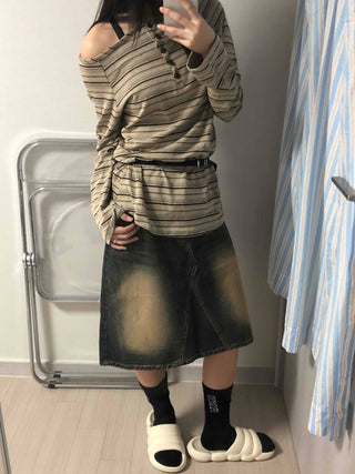 Hip-Delicate Fit Striped Long Sleeve T-shirt