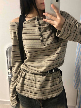 Hip-Delicate Fit Striped Long Sleeve T-shirt