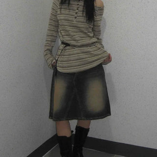 Hip-Delicate Fit Striped Long Sleeve T-shirt