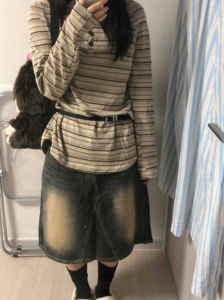 Hip-Delicate Fit Striped Long Sleeve T-shirt