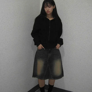 Dark blue formal loose-fit denim midi skirt