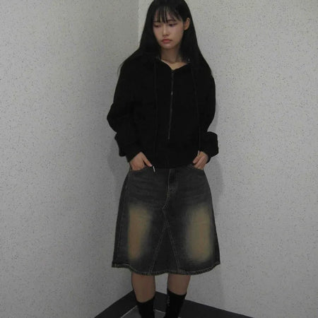 Dark blue formal loose-fit denim midi skirt