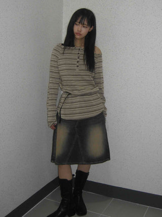 Dark blue formal loose-fit denim midi skirt