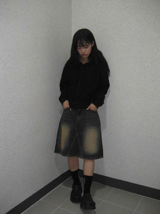Dark blue formal loose-fit denim midi skirt