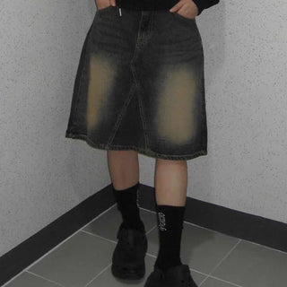 Dark blue formal loose-fit denim midi skirt