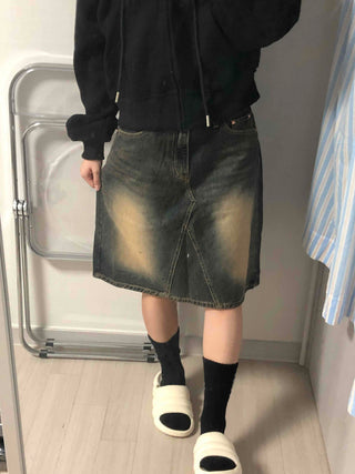 Dark blue formal loose-fit denim midi skirt