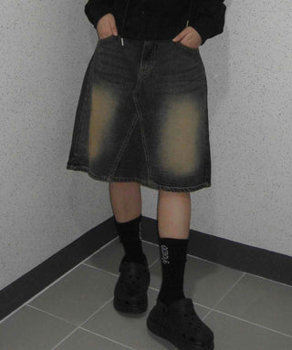 Dark blue formal loose-fit denim midi skirt