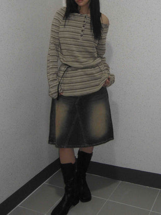 Dark blue formal loose-fit denim midi skirt