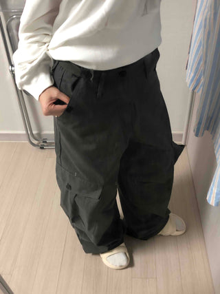 Vintage Cargo Button Wide Long Pants