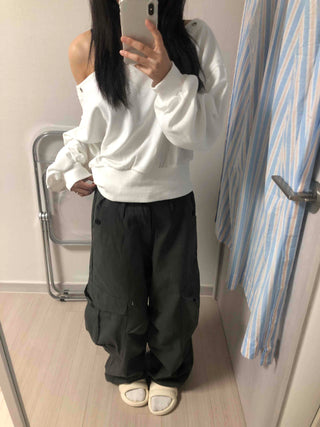 Vintage Cargo Button Wide Long Pants