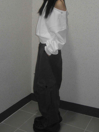 Vintage Cargo Button Wide Long Pants