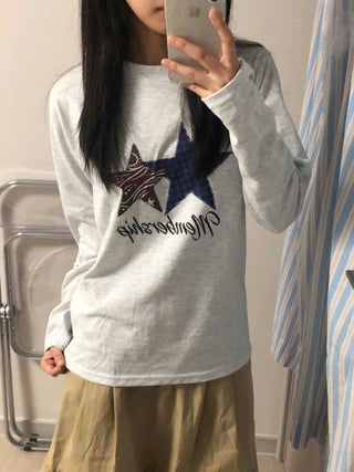 Newtro Star Patch Lettering Long Sleeve T-shirt