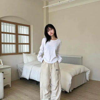 Sporty Lettering Crinkly Cut Wide Long Pants