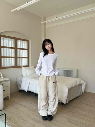 Sporty Lettering Crinkly Cut Wide Long Pants