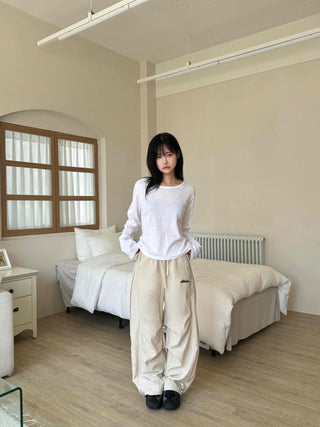 Sporty Lettering Crinkly Cut Wide Long Pants