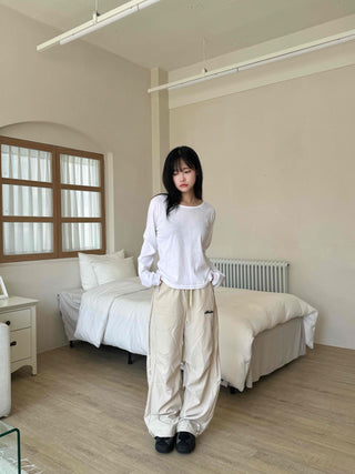 Sporty Lettering Crinkly Cut Wide Long Pants