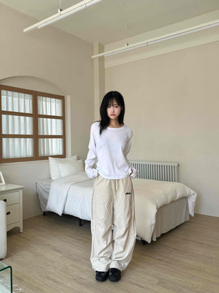 Sporty Lettering Crinkly Cut Wide Long Pants
