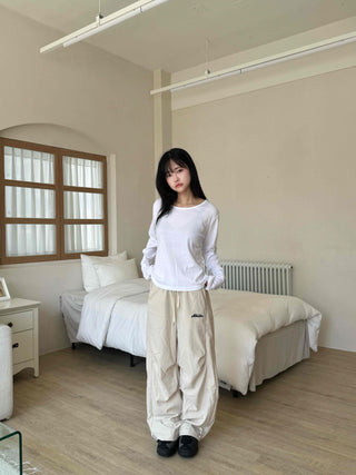 Sporty Lettering Crinkly Cut Wide Long Pants
