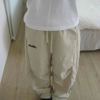 Sporty Lettering Crinkly Cut Wide Long Pants