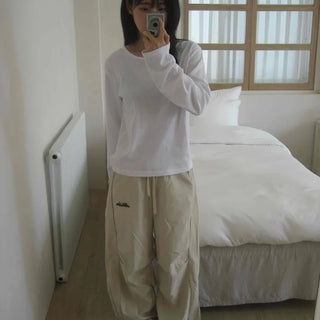 Sporty Lettering Crinkly Cut Wide Long Pants