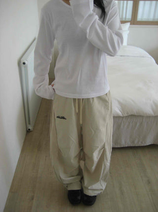 Sporty Lettering Crinkly Cut Wide Long Pants