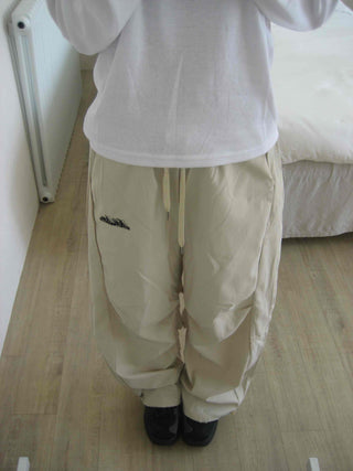 Sporty Lettering Crinkly Cut Wide Long Pants