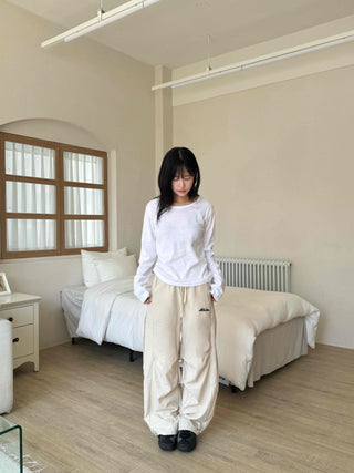 Sporty Lettering Crinkly Cut Wide Long Pants