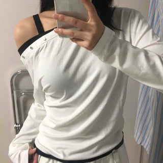Minimal Studded Plain Off-Shoulder Long-Sleeve T-Shirt