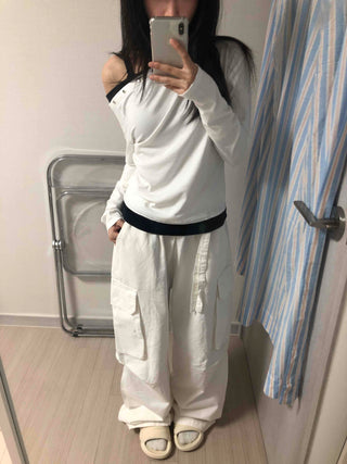 Minimal Studded Plain Off-Shoulder Long-Sleeve T-Shirt