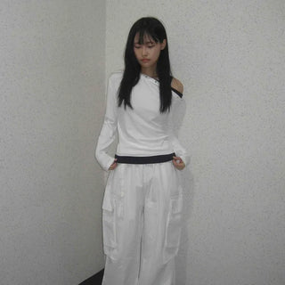 Minimal Studded Plain Off-Shoulder Long-Sleeve T-Shirt