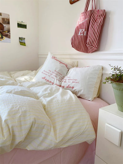 Pink and Yellow Striped Cotton Duvet Cover Set