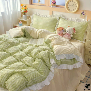 Green and Cream Ruffle Bedding Set