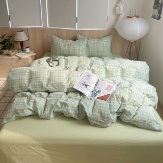 Pastel Green Plaid Cotton Duvet Cover Set