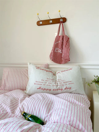 Pink and White Striped Cotton Duvet Cover Set